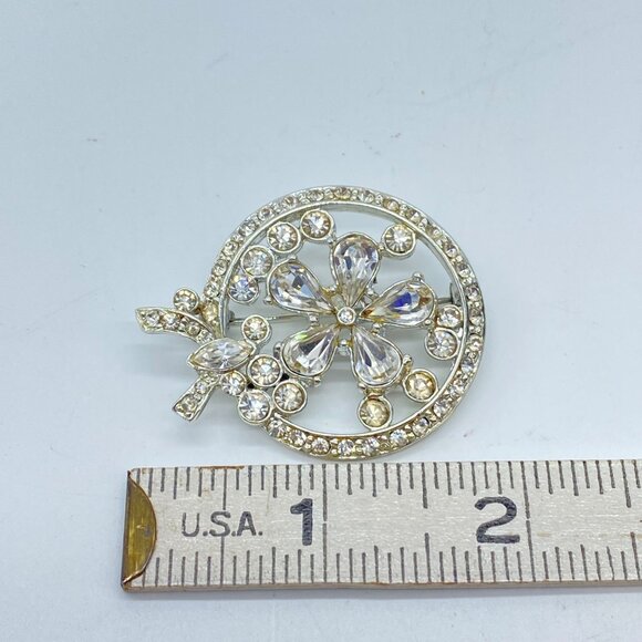 Vintage Clear Rhinestone Floral Circle Brooch Pin Silver-Tone Finish - Picture 5 of 9